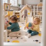 Кошара за игра Feelkids с пързалка: дете, което рисува на дъската, и дете с топка