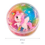 Розово-дъговата кутийка putty slime с розов еднорог отгоре на бял фон, с надпис 118 г.