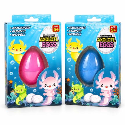 Растящо яйце Аксолотъл: розовият и синият вариант в сини кутии Developing Pets Axolotl Eggs с прозорче и рисунки на подводен свят.