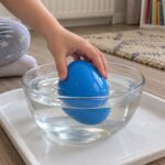 Детска ръка поставя синьото яйце аксолотъл в стъклена купа с вода.
