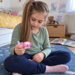 Момиче седи на синия килим и държи розов скуиши аксолотъл в ръка.