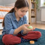 Момиче седи с кръстосани крака и държи зеления блестящ дъмплинг в шепите си.
