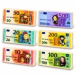 Скуиши евро банкнота, 15,5 см: шест номинала от 10 до 500 с надпис NOT REAL EURO и рисувани герои, подредени в две колони.