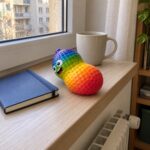 Дъгоцветният скуиши фъстък лежи на перваза до тефтер и чаша.