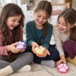Скуиши лапичка, 7,5 см: три момичета на килима: две държат лилавата и жълтата скуиши лапичка, а третото докосва розовата на пода.