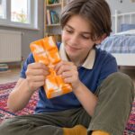 Момче седи на килима и стиска с две ръце оранжево-белия скуиши шоколад.