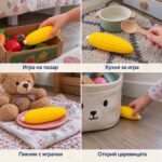 Колаж с четири сцени със скуиши царевицата: игра на пазар, кухня за игра, пикник с мече и скрита до кошница.