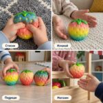 Колаж с четири сцени със скуиши ягодите: стискане, изчакване да си върне формата, подреждане на пода и игра на магазин.