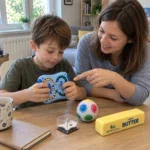 Мама и синът и играят с IQ Ball, а на масата са топка пъзел, лабиринт и скуиши масло