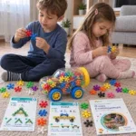 Брат и сестра играят заедно с Цветни конструкции