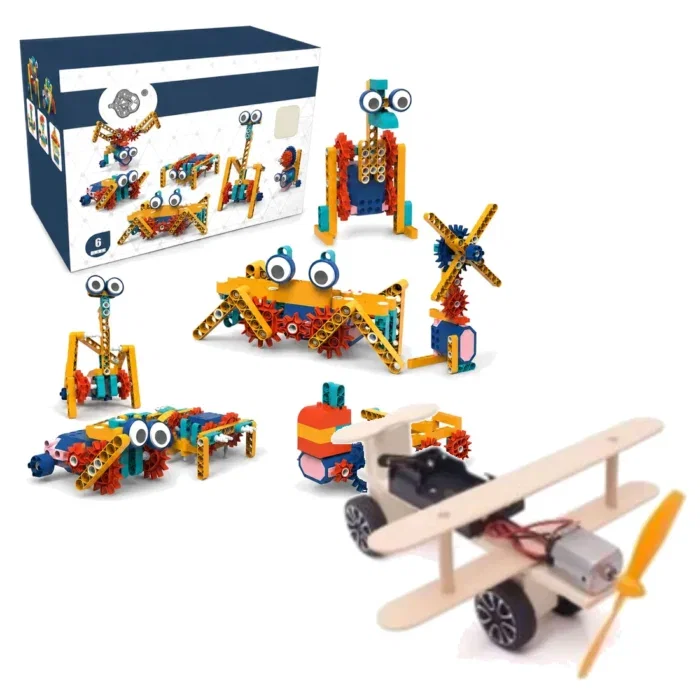 spoki-mechanics-komplekt-1-main Кутията на конструктора Mechanics с моделите и дървен STEM самолет