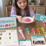 Момиче сервира порция розов слайм в своята сладкарница с табела Отворено