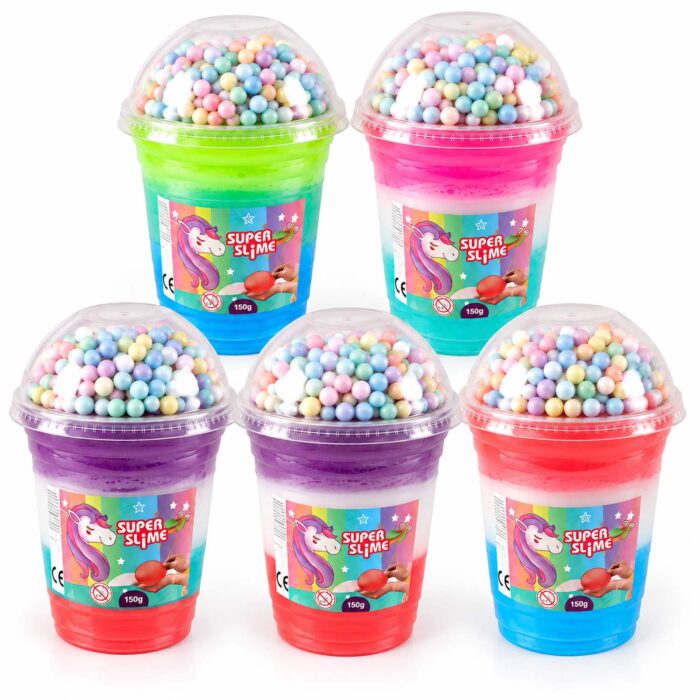 Трицветен Super Slime еднорог с топчета, 160 г: четирите цветни варианта в пет чаши с куполни капаци, пълни с пастелни перлички; изпраща се 1 чаша в цвят на случаен избор Трицветен Super Slime еднорог с топчета, 160 г: четирите цветни варианта в пет чаши с куполни капаци, пълни с пастелни перлички; изпраща се 1 чаша в цвят на случаен избор.