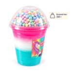 Чаша Super Slime в розово, бяло и тюркоазено с топчета в куполния капак, на бял фон и с надпис за количество 160 г.